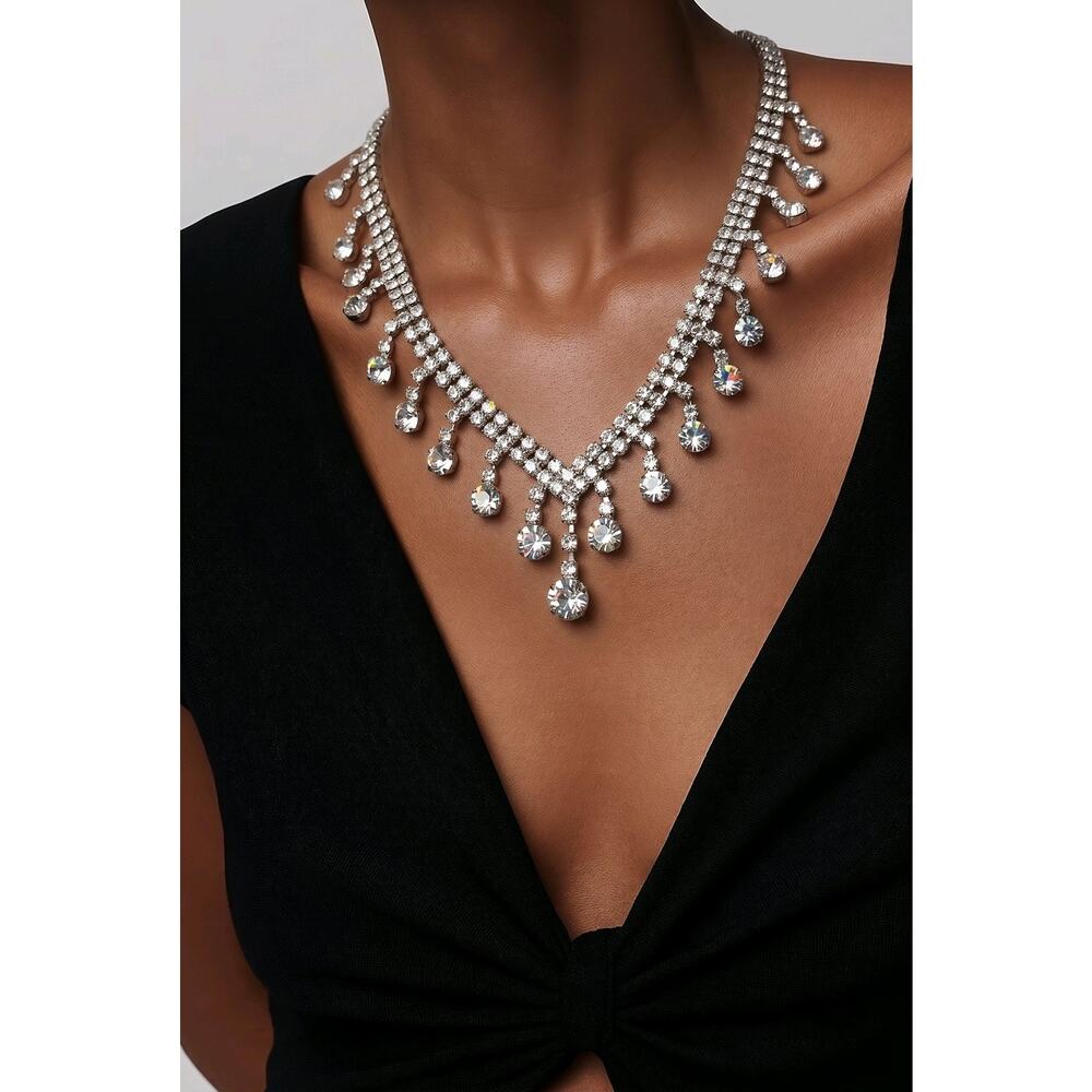 Beautiful Classy Silvertone with Clear Crystals Necklace and Earring Set Wedding